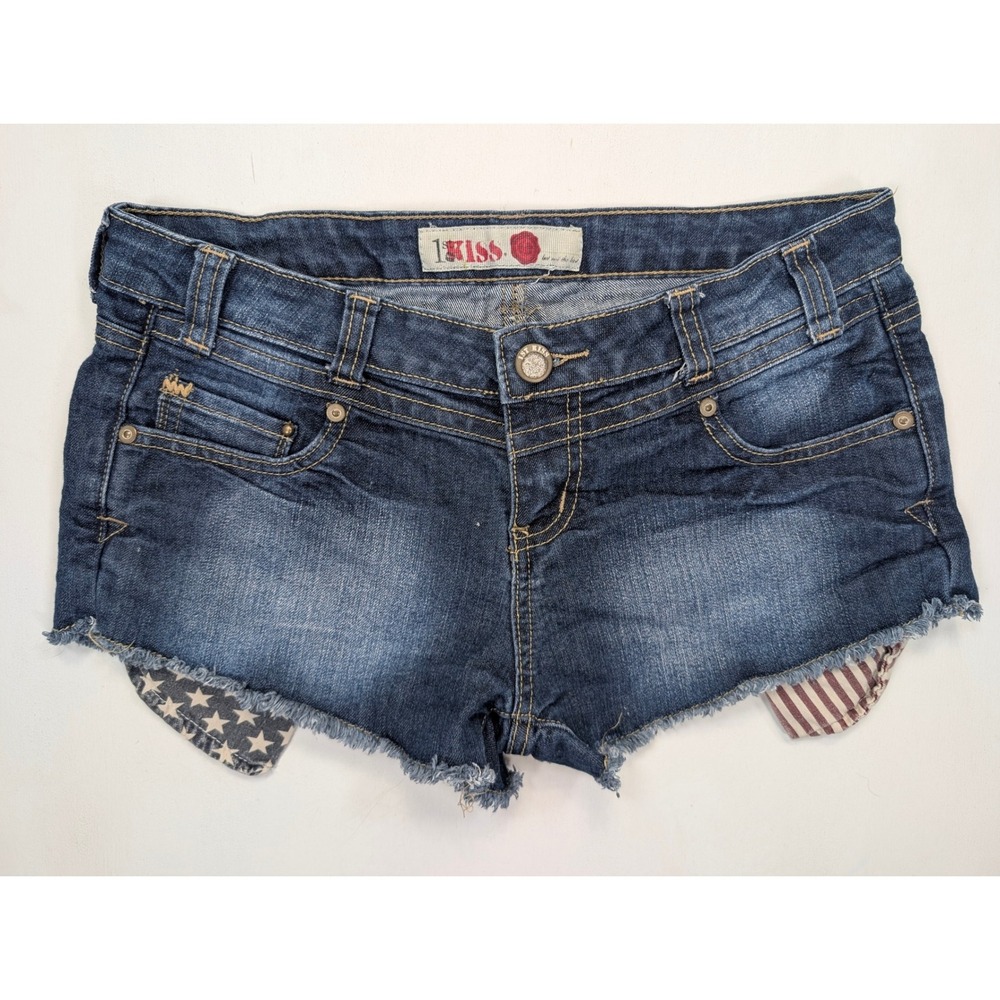 1st Kiss Womens Americana Denim Shorts Stars Stripes Cut Off Blue Size 7